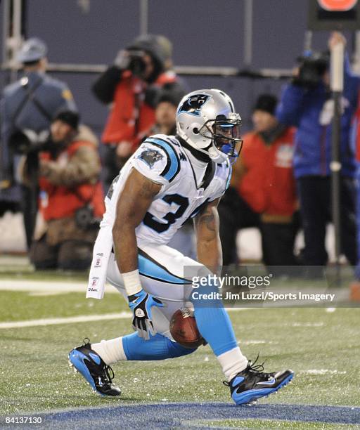 Running back DeAngelo Williams of the Carolina Panthers scores a touchdown during a NFL game against the New York Giants on December 21, 2008 at...