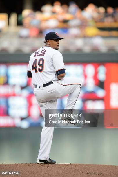 Adalberto Mejia of the Minnesota Twins delivers a pitch against the Milwaukee Brewers during the game on August 8, 2017 at Target Field in...