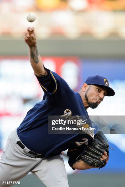 Matt Garza of the Milwaukee Brewers delivers a pitch against the Minnesota Twins during the game on August 8, 2017 at Target Field in Minneapolis,...