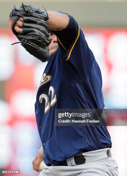 Matt Garza of the Milwaukee Brewers delivers a pitch against the Minnesota Twins during the game on August 8, 2017 at Target Field in Minneapolis,...