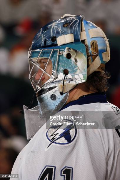 Goaltender Mike Smith of the Tampa Bay Lightning defends the net against the Florida Panthers at the Bank Atlantic Center on December 26, 2008 in...