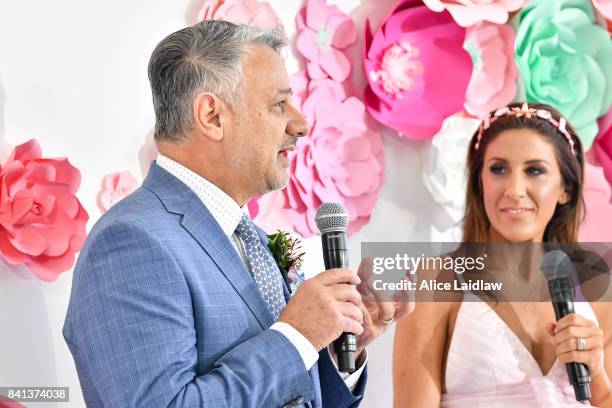 Dom Bagnato and Lana Wilkinson at the Spring Racing Carnival Launch at Greenfields on September 01, 2017 in Albert Park, Australia.