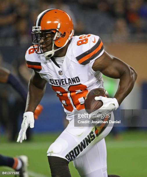 Randall Telfer of the Cleveland Browns runs for a touchdown after a catch against the Chicago Bears during a preseason game at Soldier Field on...