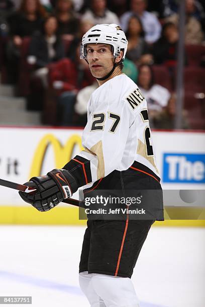 Scott Niedermayer of the Anaheim Ducks looks to the bench during their game against the Vancouver Canucks at General Motors Place on December 22,...