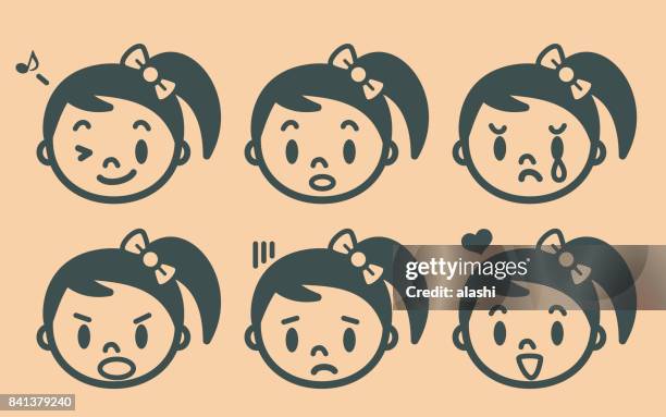 retro style cute girl with pigtails and hair bow emoticons, face outline - daughter stock illustrations