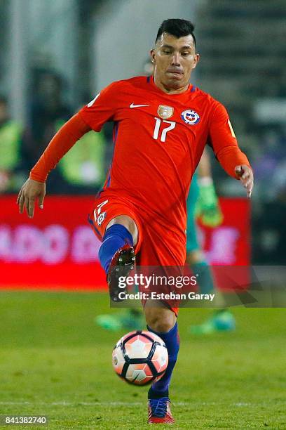 Gary Medel of Chile drives the ball during a match between Chile and Paraguay as part of FIFA 2018 World Cup Qualifiers at Monumental Stadium on...