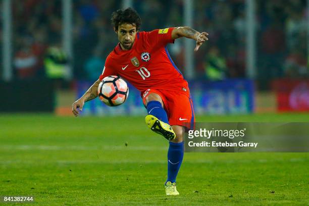 Jorge Valdivia of Chile kicks the ball during a match between Chile and Paraguay as part of FIFA 2018 World Cup Qualifiers at Monumental Stadium on...