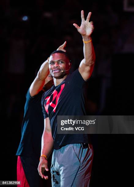 Player Russell Westbrook of the Oklahoma City Thunder meets fans at Guangzhou Sport University on August 31, 2017 in Guangzhou, China.