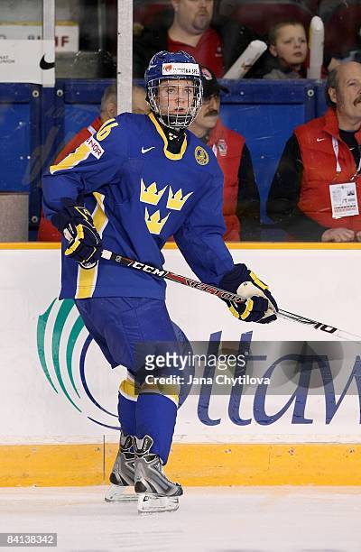 Tim Erixon of Team Sweden skates during warmups prior to a game against Team Finland during the IIHF World Junior Championships held at the Ottawa...