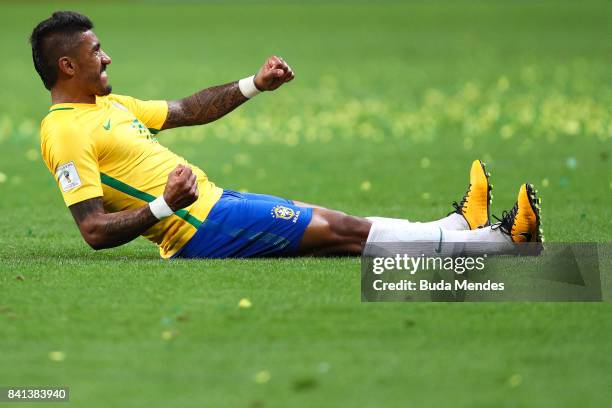 Paulinho of Brazil celebrates a scored goal against Ecuador during a match between Brazil and Ecuador as part of 2018 FIFA World Cup Russia Qualifier...