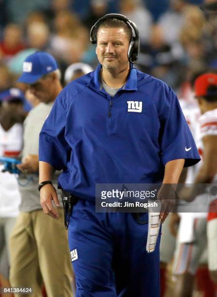 Ben McAdoo of the New York Giants watches the action against New England Patriots in the second half during a preseason game on August 31, 2017 in...