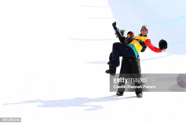 Alex Ferreira of USA celebrates after winning the Winter Games NZ FIS Men's Freestyle Skiing World Cup Halfpipe Finals at Cardrona Alpine Resort on...