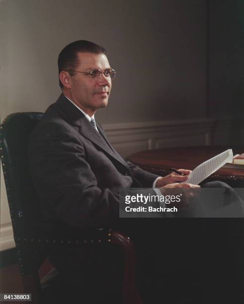 Seated Robert McNamara pictured as Secretary of Defense during the Kennedy Administration, 1962. Washington, D.C.