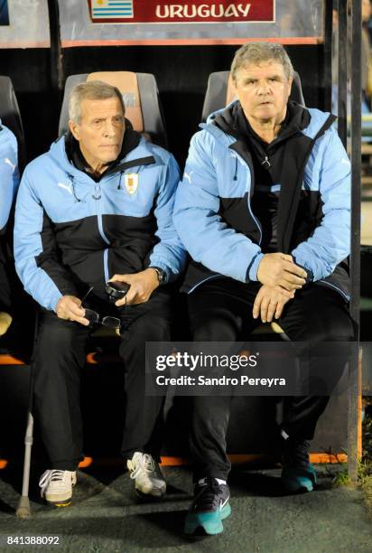 Oscar Tabarez coach of Uruguay and Celso Otero, coach assistant look on prior to a match between Uruguay and Argentina as part of FIFA 2018 World Cup...