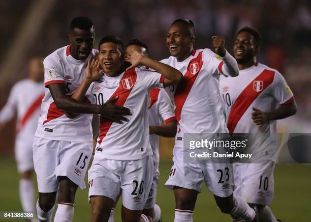 Edison Flores of Peru celebrates with teammates after scoring his team's first goal during a match between Peru and Bolivia as part of FIFA 2018...