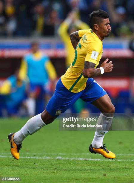 Paulinho of Brazil celebrates a scored goal against Ecuador during a match between Brazil and Ecuador as part of 2018 FIFA World Cup Russia Qualifier...