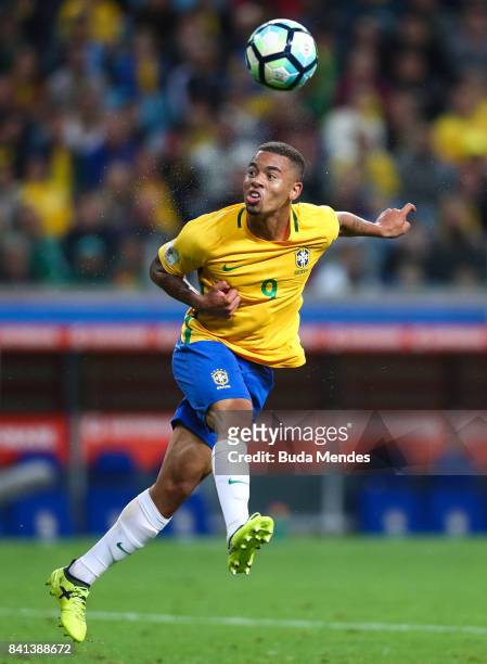 Gabriel Jesus of Brazil controls the ball with of Ecuador during a match between Brazil and Ecuador as part of 2018 FIFA World Cup Russia Qualifier...