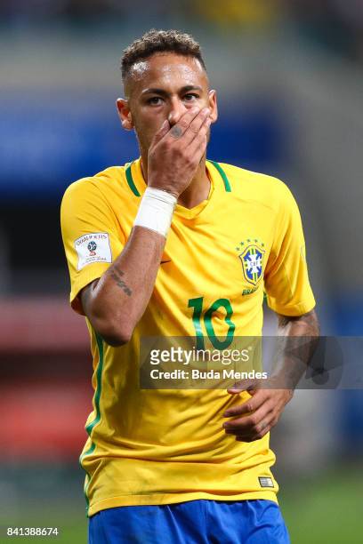 Neymar of Brazil reacts during a match between Brazil and Ecuador as part of 2018 FIFA World Cup Russia Qualifier at Arena do Gremio on August 31,...