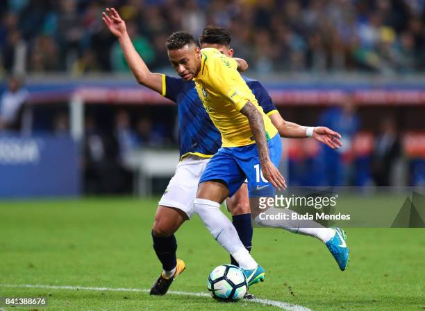 Neymar of Brazil struggles for the ball with Fernando Gaibor of Ecuador during a match between Brazil and Ecuador as part of 2018 FIFA World Cup...