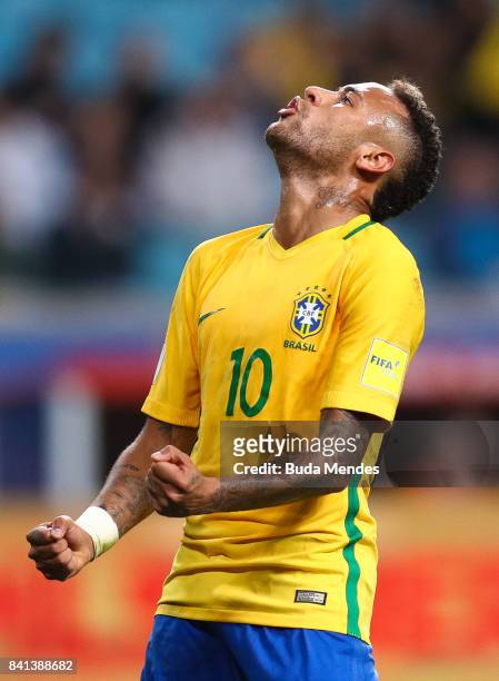 Neymar of Brazil reacts during a match between Brazil and Ecuador as part of 2018 FIFA World Cup Russia Qualifier at Arena do Gremio on August 31,...