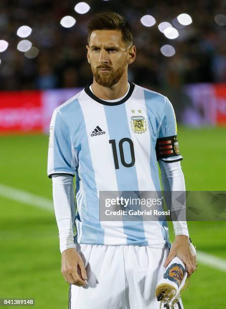 Lionel Messi of Argentina stands for the National Anthem prior a match between Uruguay and Argentina as part of FIFA 2018 World Cup Qualifiers at...