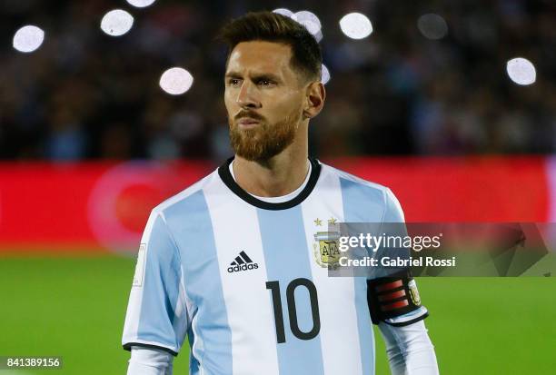 Lionel Messi of Argentina stands for the National Anthem prior a match between Uruguay and Argentina as part of FIFA 2018 World Cup Qualifiers at...