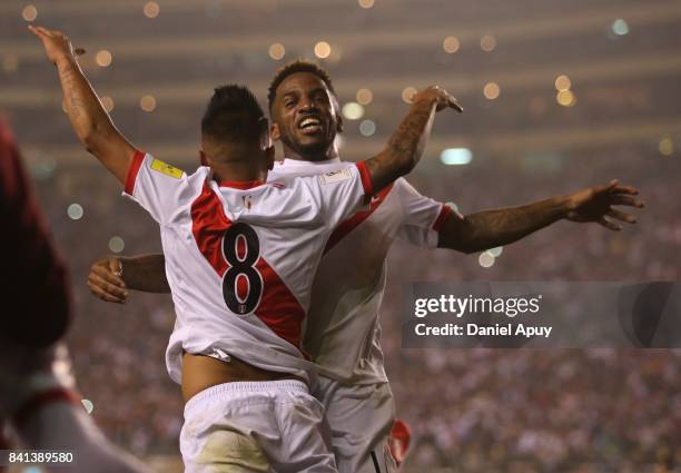 Christian Cueva of Peru celebrates after scoring his team's second goal celebrates after goal during a match between Peru and Bolivia as part of FIFA...