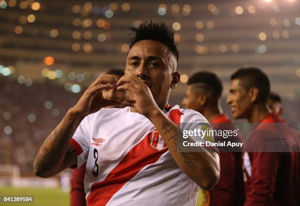 Christian Cueva of Peru celebrates after scoring his team's second goal celebrates after goal during a match between Peru and Bolivia as part of FIFA...