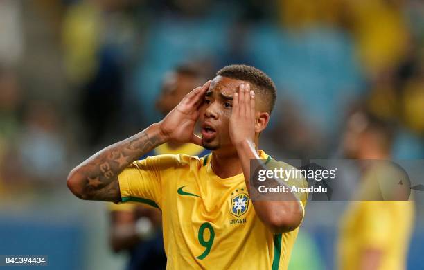 Gabriel Jesus of Brazil gestures during the 2018 FIFA World Cup Russia qualifying match between Brazil and Ecuador at Arena do Gremio in Porto...