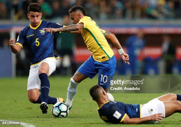 Neymar of Brazil in action against Fernando Gaibor of Ecuador during the 2018 FIFA World Cup Russia qualifying match between Brazil and Ecuador at...