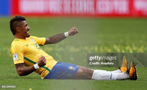 Paulinho of Brazil celebrates after scoring a goal during the 2018 FIFA World Cup Russia qualifying match between Brazil and Ecuador at Arena do...