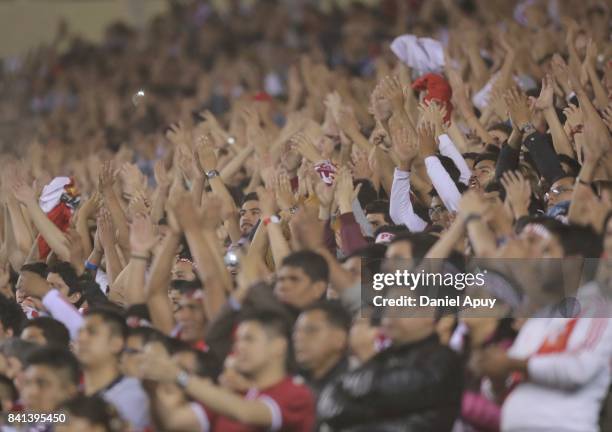 Detail of fans of Peru during a match between Peru and Bolivia as part of FIFA 2018 World Cup Qualifiers at Monumental Stadium on August 31, 2017 in...