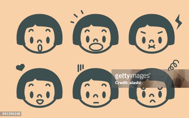 retro style cute girl emoticons, face outline - baby girls stock illustrations