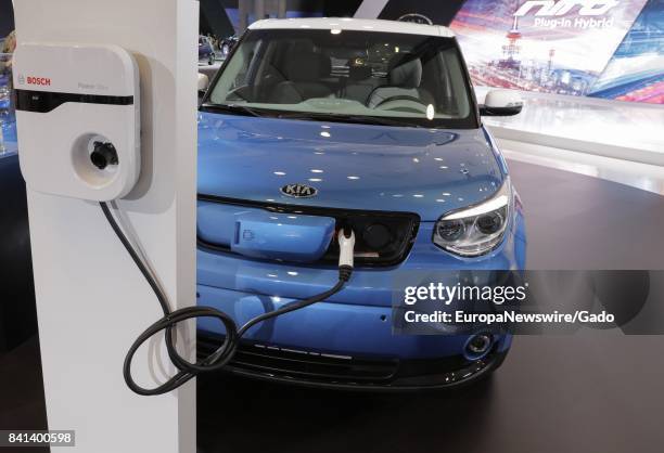 Plug in electrical car from the automotive company Kia, at the 2017 New York International Auto Show Press Day at Jacob K Javits Convention Center in...