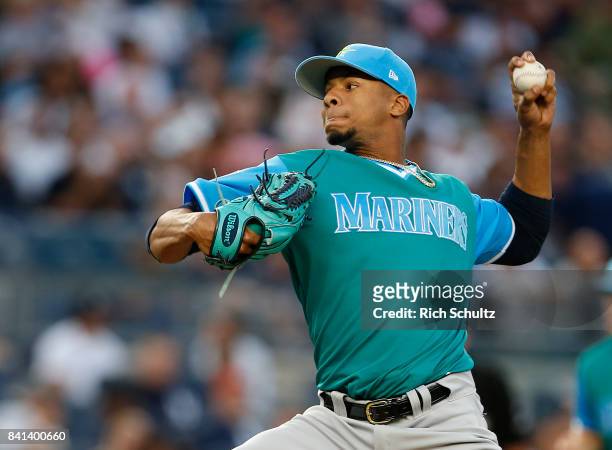 Pitcher Ariel Miranda of the Seattle Mariners in action against the New York Yankees during a game at Yankee Stadium on August 25, 2017 in the Bronx...