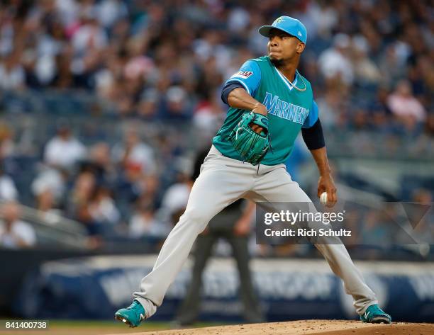 Pitcher Ariel Miranda of the Seattle Mariners in action against the New York Yankees during a game at Yankee Stadium on August 25, 2017 in the Bronx...