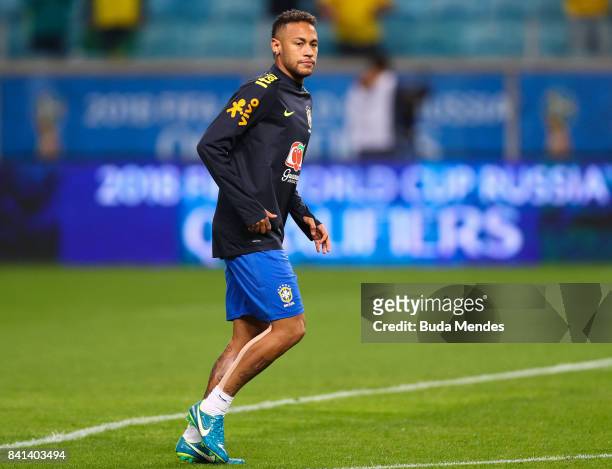 Neymar of Brazil warms up before a match between Brazil and Ecuador as part of 2018 FIFA World Cup Russia Qualifier at Arena do Gremio on August 31,...