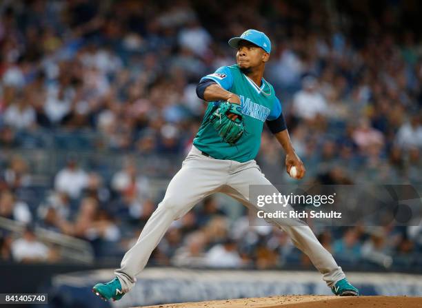 Pitcher Ariel Miranda of the Seattle Mariners in action against the New York Yankees during a game at Yankee Stadium on August 25, 2017 in the Bronx...