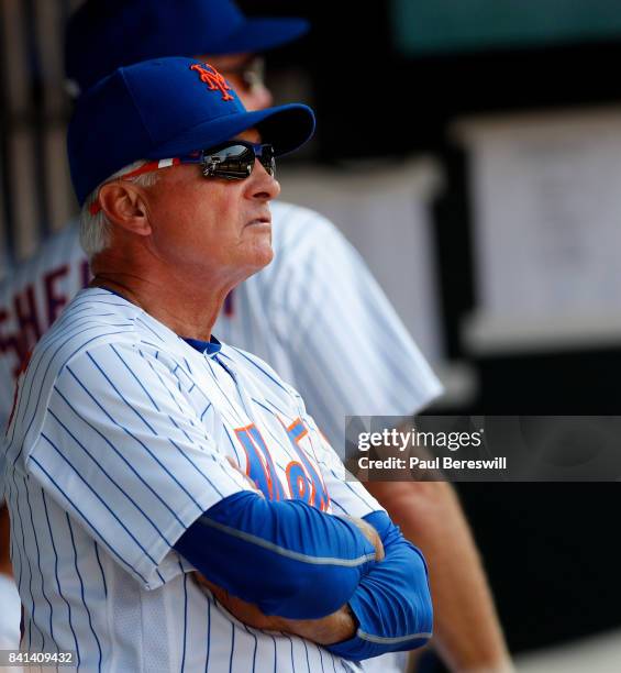 Manager Terry Collins of the New York Mets watches from the dugout in an MLB baseball game against the Miami Marlins on August 20, 2017 at CitiField...