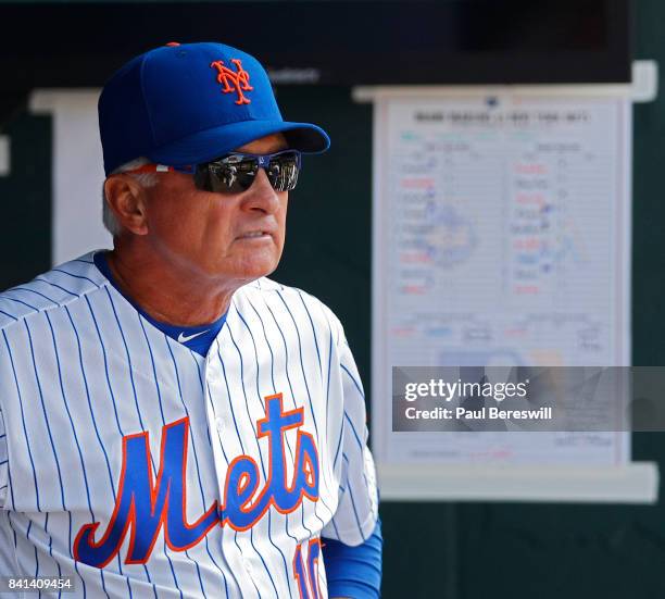 Manager Terry Collins of the New York Mets watches from the dugout in an MLB baseball game against the Miami Marlins on August 20, 2017 at CitiField...