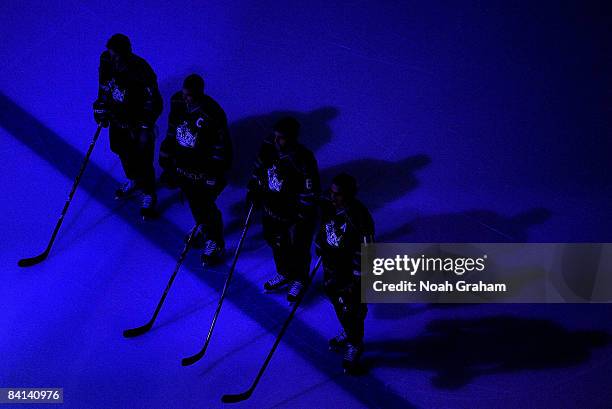 The Los Angeles Kings on the ice during the singing of the National Anthem prior to the game against the Columbus Blue Jackets on December 29, 2008...