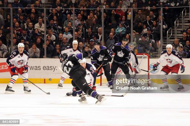 Kyle Quincey of the Los Angeles Kings attempts a shot on goal against the Columbus Blue Jackets during the game on December 29, 2008 at Staples...