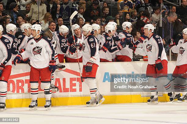 The Columbus Blue Jackets celebrate a third period goal from teammate Rick Nash against the Los Angeles Kings during the game on December 29, 2008 at...