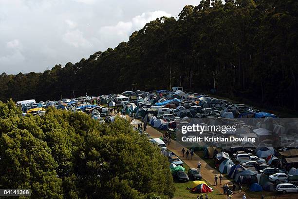 General view of the campsite where festival attendees sleep during day two of The Falls Music & Arts Festival on December 30, 2008 in Lorne,...