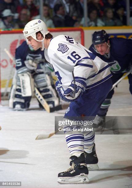 Darby Hendrickson of the Toronto Maple Leafs skates against the Hartford Whalers during NHL game action on November 24, 1995 at Maple Leaf Gardens in...