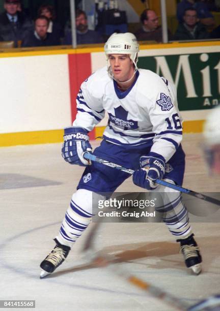 Darby Hendrickson of the Toronto Maple Leafs skates against the Hartford Whalers during NHL game action on November 24, 1995 at Maple Leaf Gardens in...
