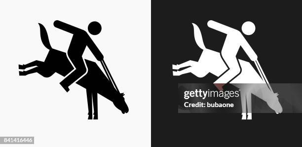 horse ridding icon on black and white vector backgrounds - white horse on black background stock illustrations