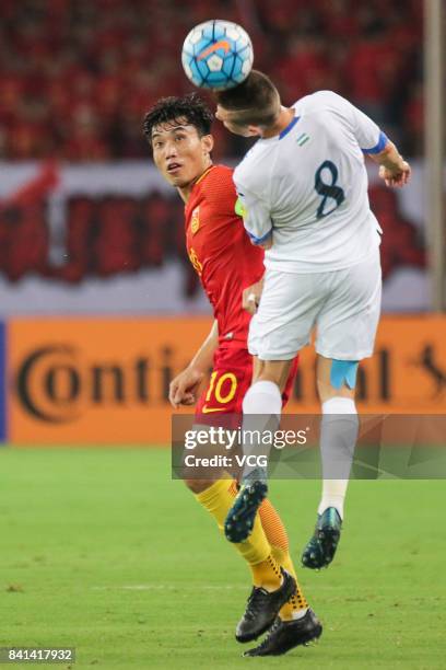 Server Djeparov of Uzbekistan heads the ball during the 2018 FIFA World Cup qualifier game between China and Uzbekistan at Wuhan Sports Center...