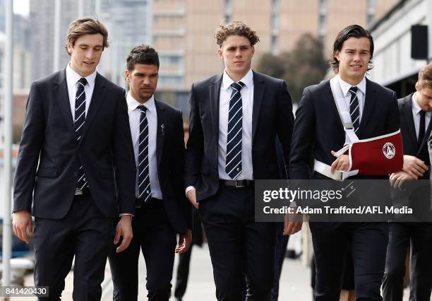 Caleb Marchbank, Sam Petrevski-Seton, Charlie Curnow and Jack Silvagni of the Blues chat during the 2017 NAB AFL Rising Star awards at Peninsula at...