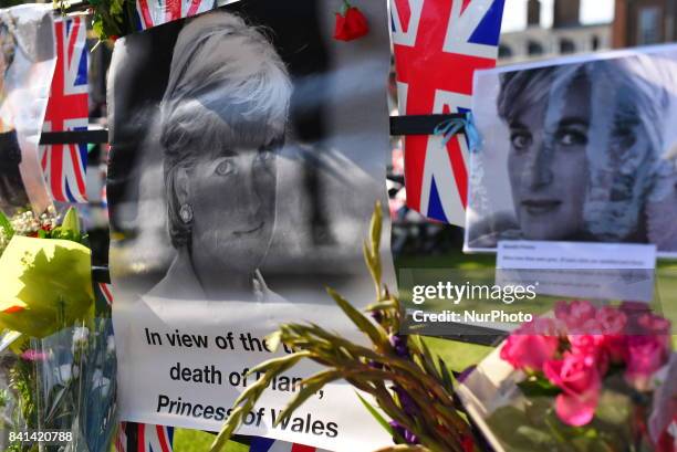 Tribute on the Golden Gates of Kensington Palace, ahead of the 20th anniversary of Princess Diana's death, London on August 31, 2017. People gathered...